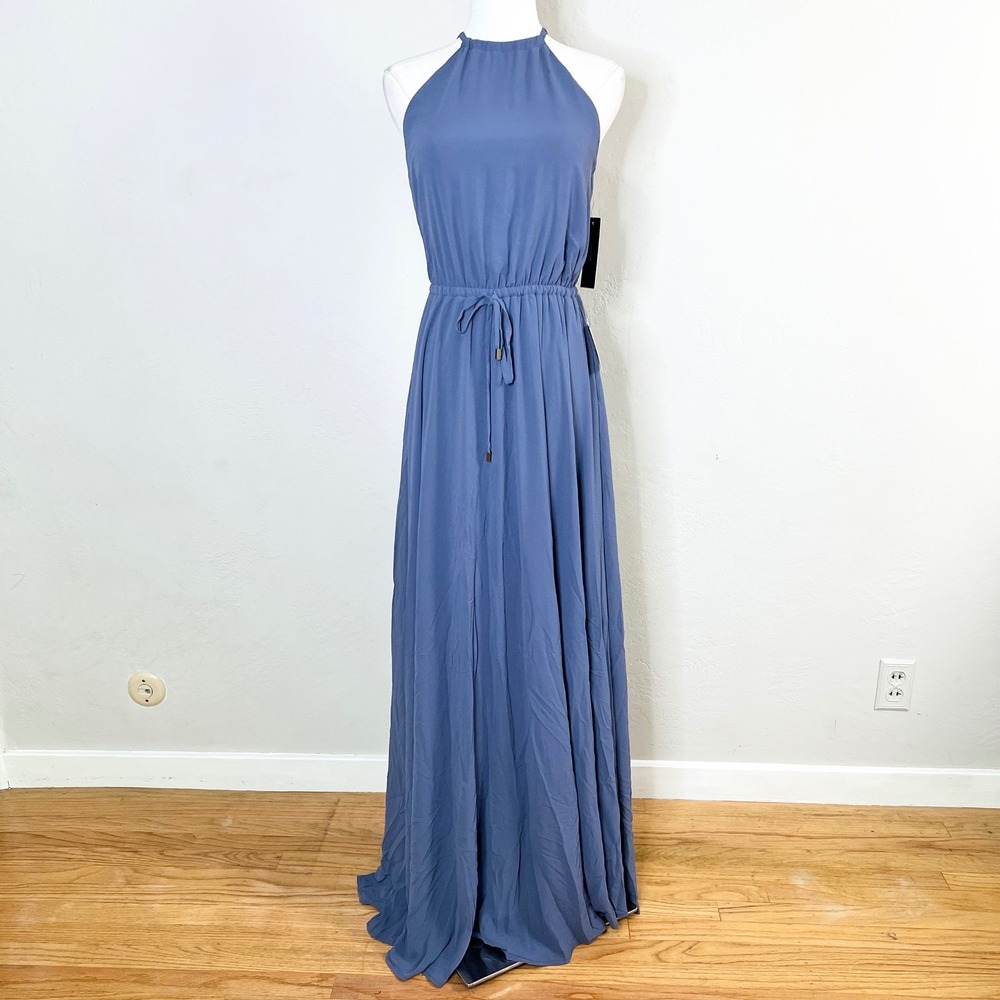 Lulus Maxi Dress Be Mellow Size S Slate Blue Chiffon Halter Neck Sleeveless New